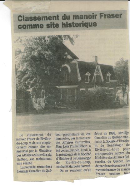 Article de journal titré Classement du Manoir Fraser comme site historique qui comprend une photo du Manoir.