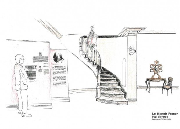 Dessin couleur. Esquisse du Hall d'entrée du Manoir. À gauche, le dessin d'un homme qui lit des panneaux d'interprétation, au centre, l'escalier et à droite, une table et une chaise.