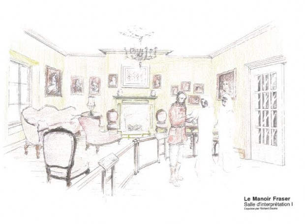 Dessin couleur représentant un salon richement décoré, avec de nombreuses chaises, des cadres accrochés aux murs et un foyer. À l’avant-plan, un homme semble donner des informations à deux personnes, dont leurs seuls visages sont dessinés.