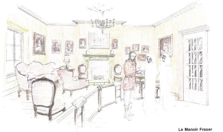Dessin couleur représentant un salon richement décoré, avec de nombreuses chaises, des cadres accrochés aux murs et un foyer. À l’avant-plan, un homme semble donner des informations à deux personnes, dont leurs seuls visages sont dessinés.