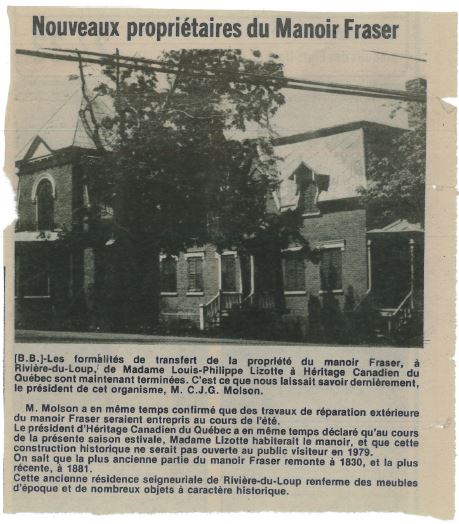 Article de journal titré « Nouveaux propriétaires du Manoir Fraser » qui comprend une photo du manoir.