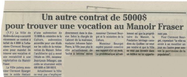 Article de journal dont le titre est Un autre contrat de 5000$ pour trouver une vocation au Manoir Fraser. 