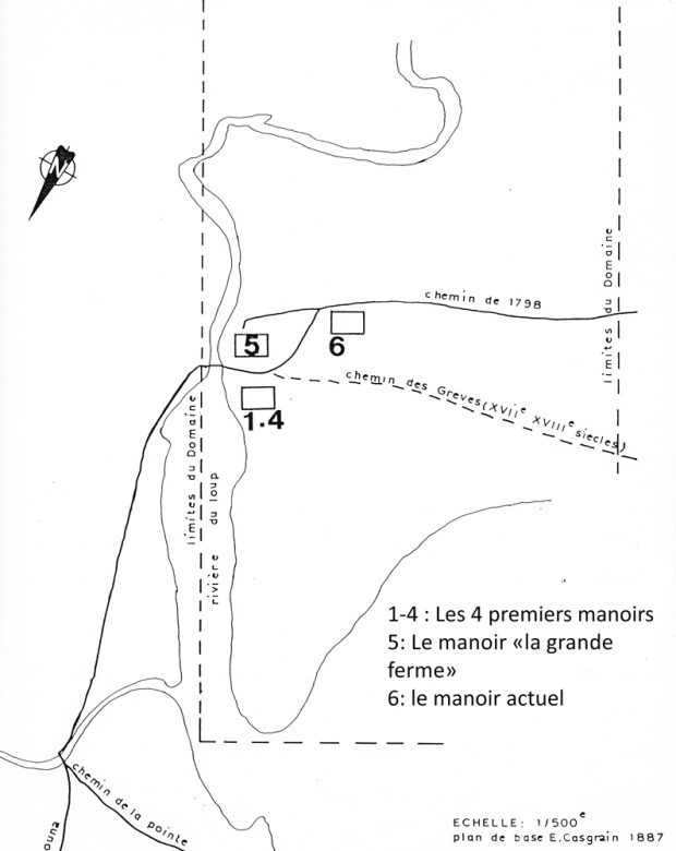 Image noir et blanc. Détail de la carte du domaine seigneurial montrant l’emplacement des manoirs de la seigneurie près de la rivière. 