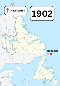 A colour map of Newfoundland and Labrador showing known Marconi wireless stations in the area in 1902. A pin shows a new station built in Belle Isle.