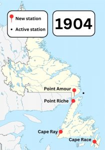 A colour map of Newfoundland and Labrador showing known Marconi wireless stations in the area in 1904. Pins show new stations built in Point Amour, Point Riche, Cape Ray, and Cape Race.