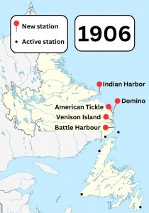 A colour map of Newfoundland and Labrador showing known Marconi wireless stations in the area in 1906. Pins show new stations built in Indian Harbor, Domino, American Tickle, Venison Island, and Battle Harbour.