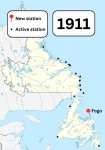 A colour map of Newfoundland and Labrador showing known Marconi wireless stations in the area in 1911. A pin shows a new station built in Fogo.