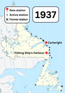 A colour map of Newfoundland and Labrador showing known Marconi wireless stations and former Marconi wireless stations in the area in 1937. Pins show new stations built in Cartwright and Fishing Ship's Harbour.