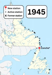 A colour map of Newfoundland and Labrador showing known Marconi wireless stations and former Marconi wireless stations in the area in 1945. A pin shows a new station built in Conche.