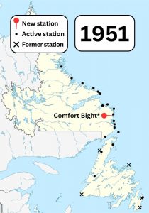 A colour map of Newfoundland and Labrador showing known Marconi wireless stations and former Marconi wireless stations in the area in 1951. A pin shows a new station built in Comfort Bight.