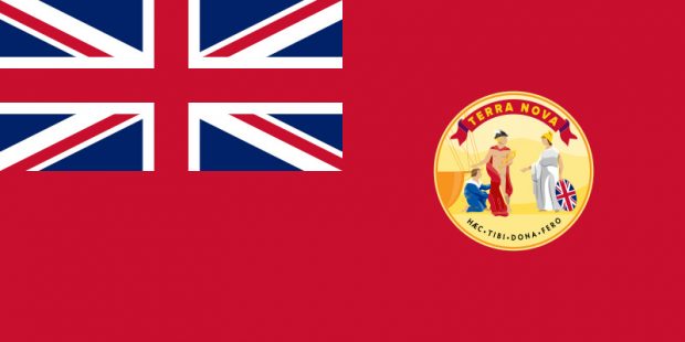 Sur un rectangle horizontal rouge figurent le drapeau de l’Union royale et le grand sceau de Terre-Neuve.