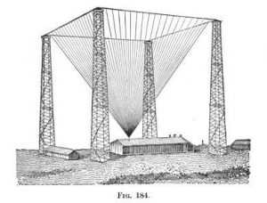 Un long bâtiment de plain-pied est entouré de quatre grands pylônes d'antennes. Une pyramide inversée de fils relie les pylônes à un point unique sur le toit du bâtiment.