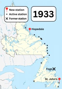 A colour map of Newfoundland and Labrador showing known Marconi wireless stations and former Marconi wireless stations in the area in 1933. Pins show stations opened in Hopedale and St. John's. A cross shows a station closed in Fogo.