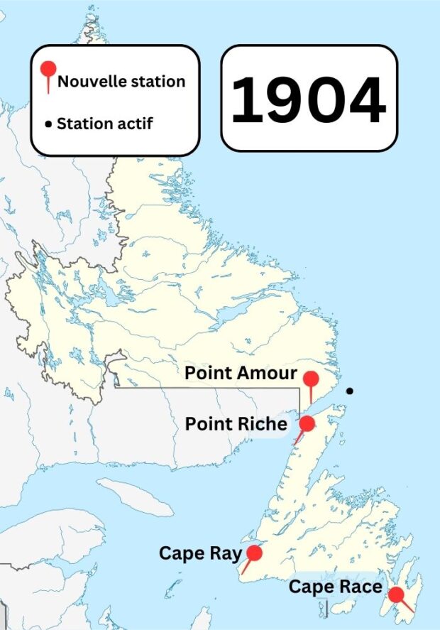 Une carte couleur de Terre-Neuve-et-Labrador montrant les stations sans fil Marconi connues dans la région en 1904. Des épinglettes montrent les nouvelles stations construites à Point Amour, Point Riche, cap Ray et cap Race.