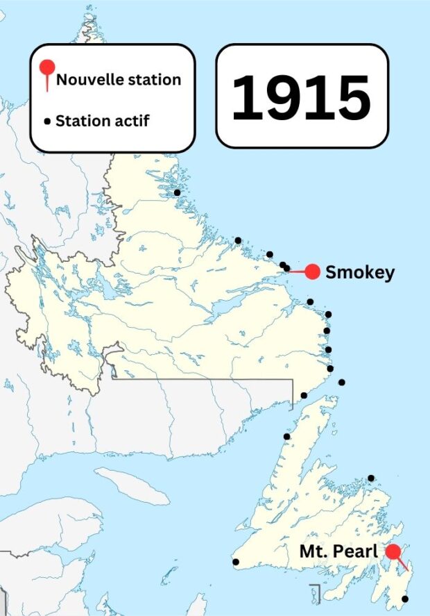 Une carte en couleurs de Terre-Neuve-et-Labrador montrant les stations sans fil Marconi connues dans la région en 1915. Des épinglettes montrent les nouvelles stations construites à Smokey et à Mount Pearl.