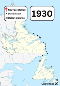 Une carte couleur de Terre-Neuve-et-Labrador montrant les stations sans fil Marconi connues et les anciennes stations sans fil Marconi dans la région en 1930. Une croix montre une station fermée à cap Race.