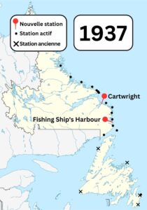 Une carte couleur de Terre-Neuve-et-Labrador montrant les stations sans fil Marconi connues et les anciennes stations sans fil Marconi dans la région en 1937. Des épinglettes montrent les nouvelles stations construites à Cartwright et à Fishing Ship's Harbour.