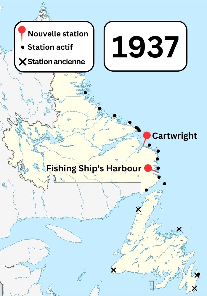 Une carte couleur de Terre-Neuve-et-Labrador montrant les stations sans fil Marconi connues et les anciennes stations sans fil Marconi dans la région en 1937. Des épinglettes montrent les nouvelles stations construites à Cartwright et à Fishing Ship's Harbour.