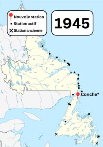 Une carte couleur de Terre-Neuve-et-Labrador montrant les stations sans fil Marconi connues et les anciennes stations sans fil Marconi dans la région en 1945. Une épingle montre une nouvelle station construite à Conche.