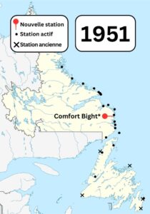 Une carte couleur de Terre-Neuve-et-Labrador montrant les stations sans fil Marconi connues et les anciennes stations sans fil Marconi dans la région en 1951. Une épingle montre une nouvelle station construite à Comfort Bight.