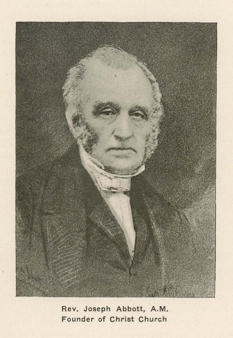 Portrait en noir et blanc du Révérend Joseph Abbott, âgé, tête et poitrine. Il a les cheveux courts et les favoris gris et blancs. Il regarde l’objectif l’air sérieux. Il porte un habit de ministre noir avec un collet blanc. L’arrière-plan est noir. Sous son portrait, on peut lire l’inscription « Rev. Joseph Abbott, A.M. Founder of Christ Church ».