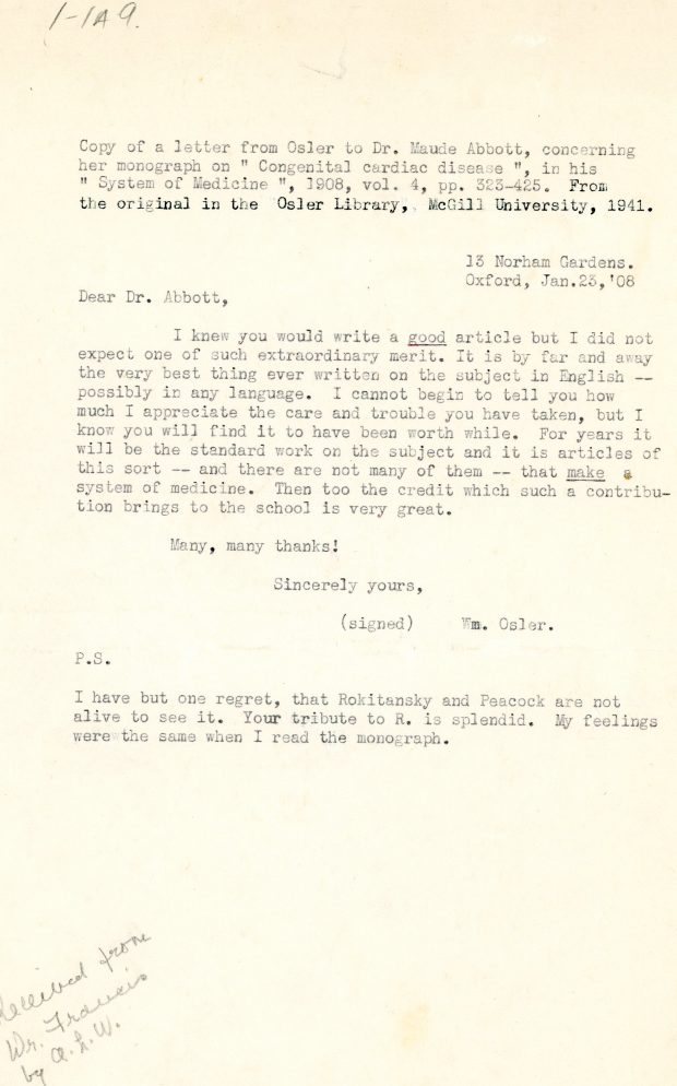 Copie d’une lettre du Dr. Osler à Dr. Maude Abbott datée du 23 janvier 1908, encre noire sur papier sépia. Le docteur la félicite pour la qualité d’un article qu’elle a rédigé.