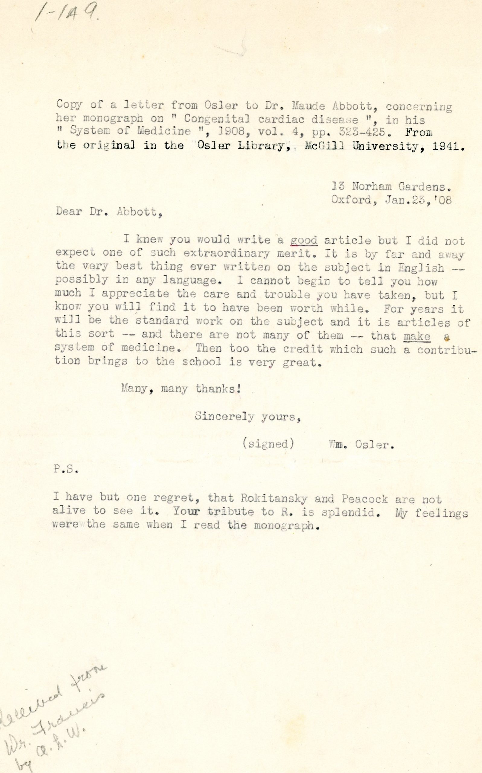 Copie d’une lettre du Dr. Osler à Dr. Maude Abbott datée du 23 janvier 1908, encre noire sur papier sépia. Le docteur la félicite pour la qualité d’un article qu’elle a rédigé.