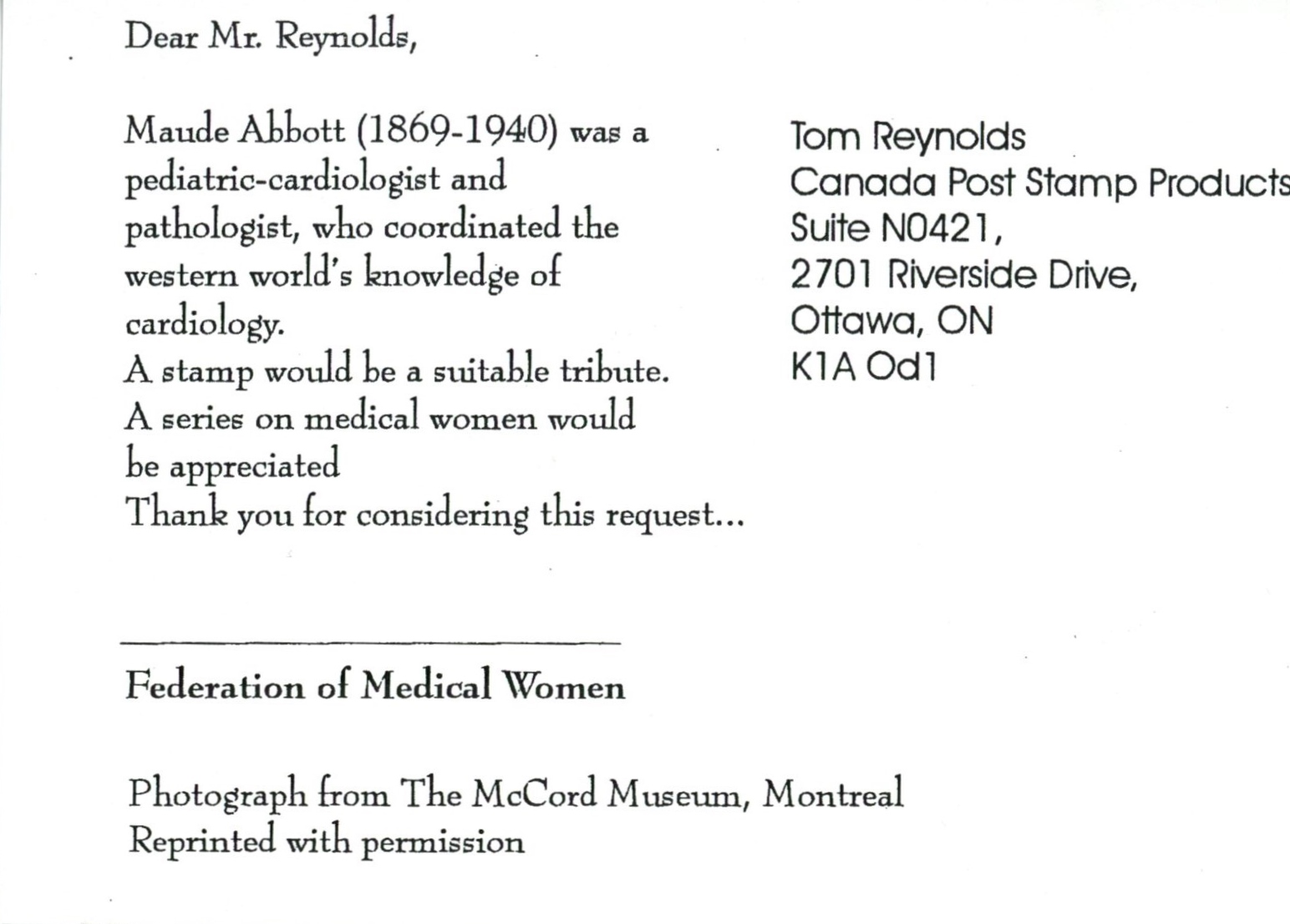 Face verso de la carte postale de Maude Abbott de la Federation of Medical Women. 