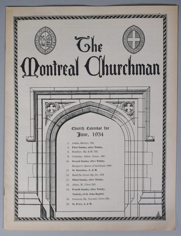 Page couverture du Montreal Churchman de juin 1934, encre noire sur papier sépia. Dans le haut de la page, le titre « The Montreal Churchman ». À gauche du titre, l’armoirie du Diocèse de Montréal. Sous le titre, le dessin d’une porte de pierre en arche en forme d’ogive dans laquelle on lit « Church Calendar for June, 1943 » suivi de la liste des évènements du mois.