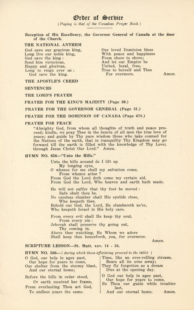 Deuxième page du programme de la cérémonie commémorative de Sir John Joseph Caldwell Abbott à l’église Christ Church de Saint-André. Il s’agit de l’ordre du service religieux, on lit en haut « Order of Service », puis une liste des prières, leçons et hymnes.