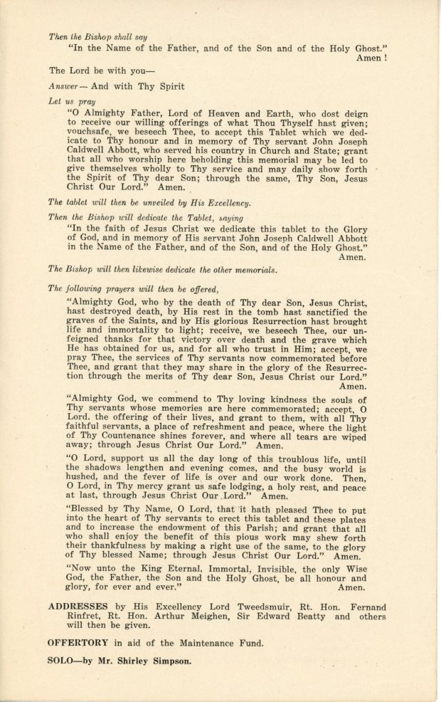 Troisième page du programme de la cérémonie commémorative de Sir John Joseph Caldwell Abbott à l’église Christ Church de Saint-André. Il s’agit de la suite de l’ordre du service religieux, on y lit les actions et interventions du ministre et des invités et les prières à réciter.