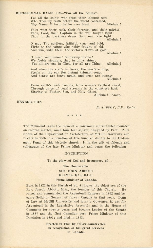 Dernière page du programme de la cérémonie commémorative de Sir John Joseph Caldwell Abbott à l’église Christ Church de Saint-André. Il s’agit de la suite de l’ordre du service religieux, on y lit une dernière prière, puis les détails sur la plaque commémorative érigée.