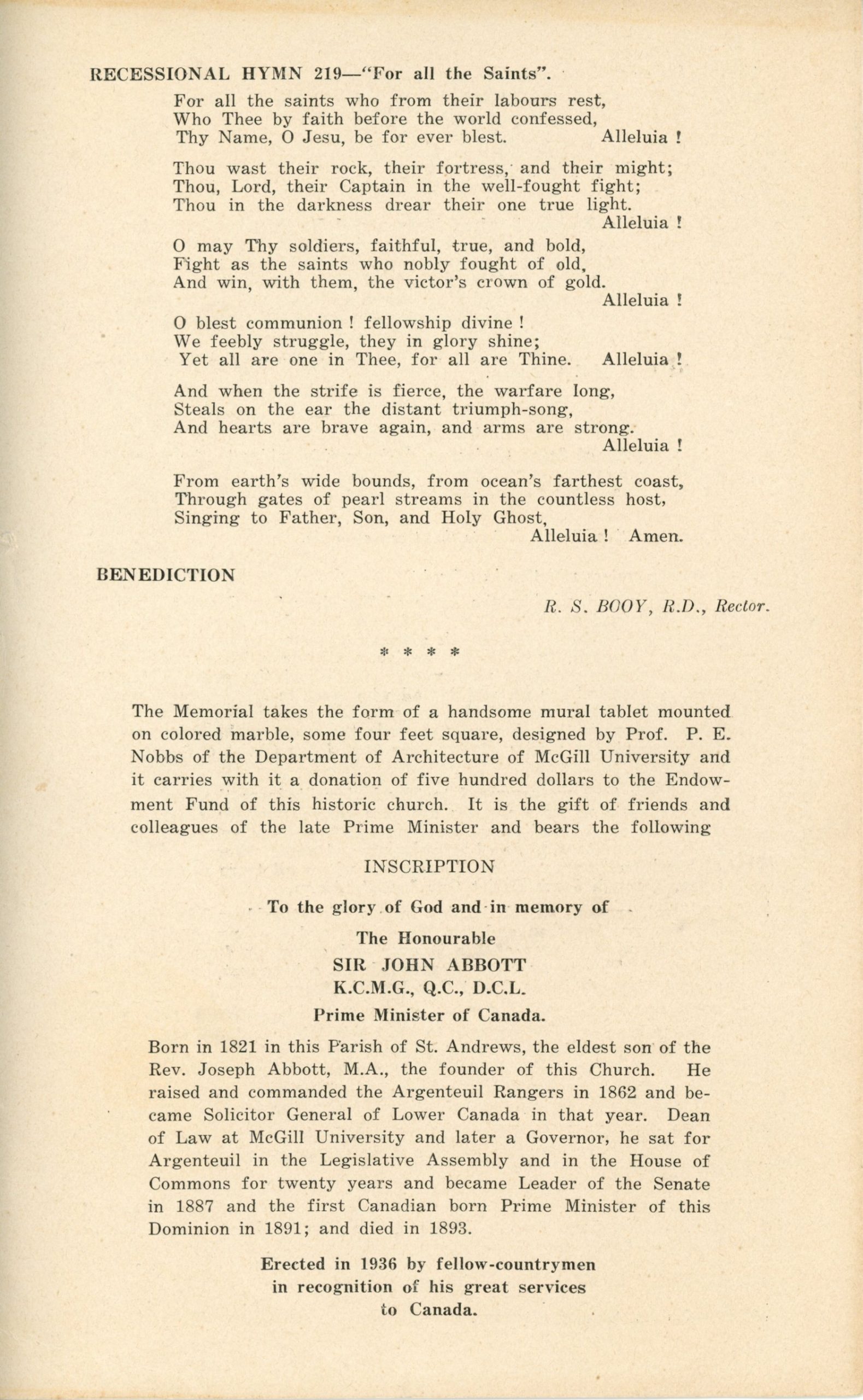 Dernière page du programme de la cérémonie commémorative de Sir John Joseph Caldwell Abbott à l’église Christ Church de Saint-André. Il s’agit de la suite de l’ordre du service religieux, on y lit une dernière prière, puis les détails sur la plaque commémorative érigée.