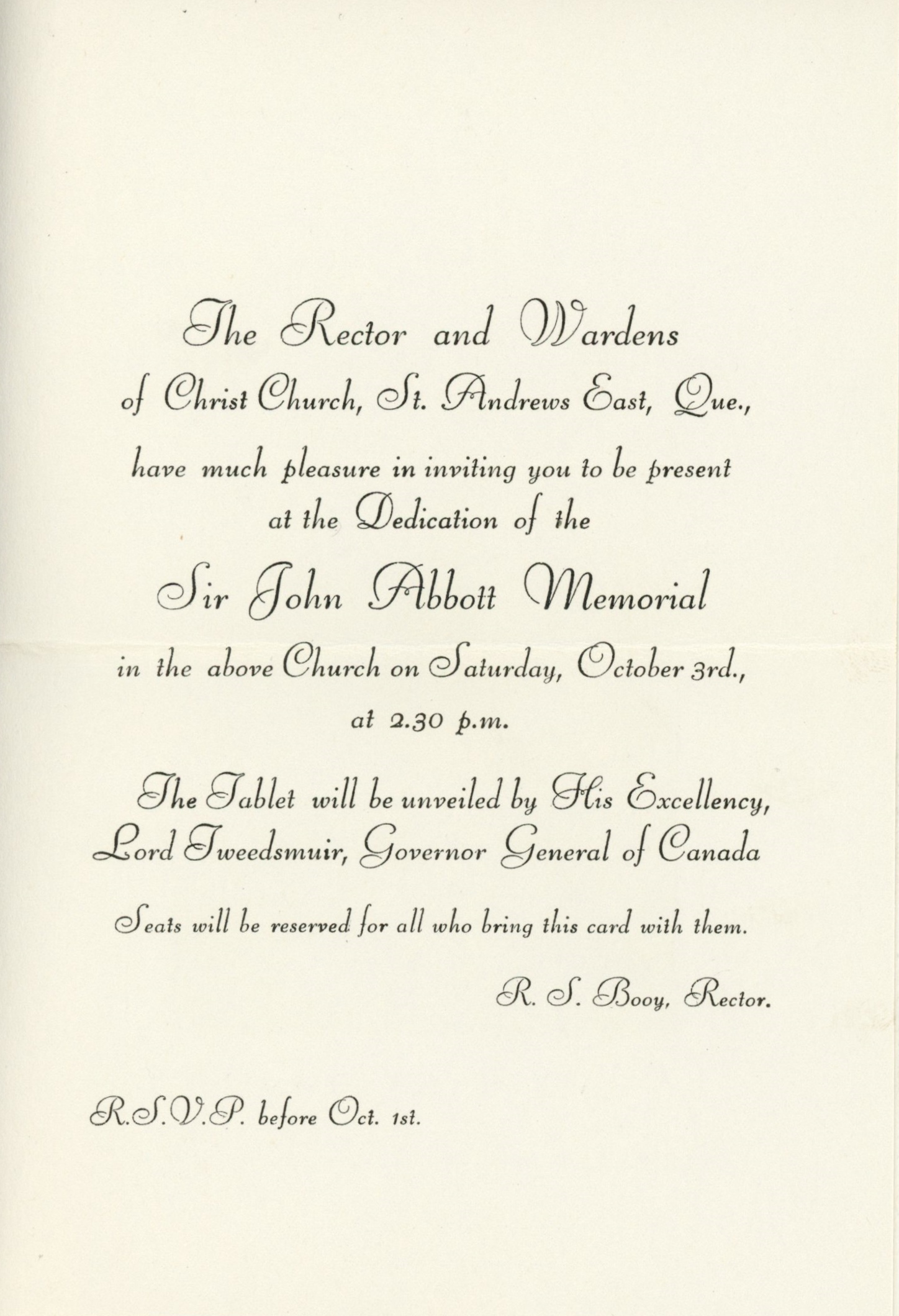 Côté verso du carton d’invitation à la cérémonie commémorative de Sir John Joseph Caldwell Abbott à l’église Christ Church. Détails sur l’heure et le déroulement de la cérémonie. On annonce la présente de Lord Tweedsmuir.
