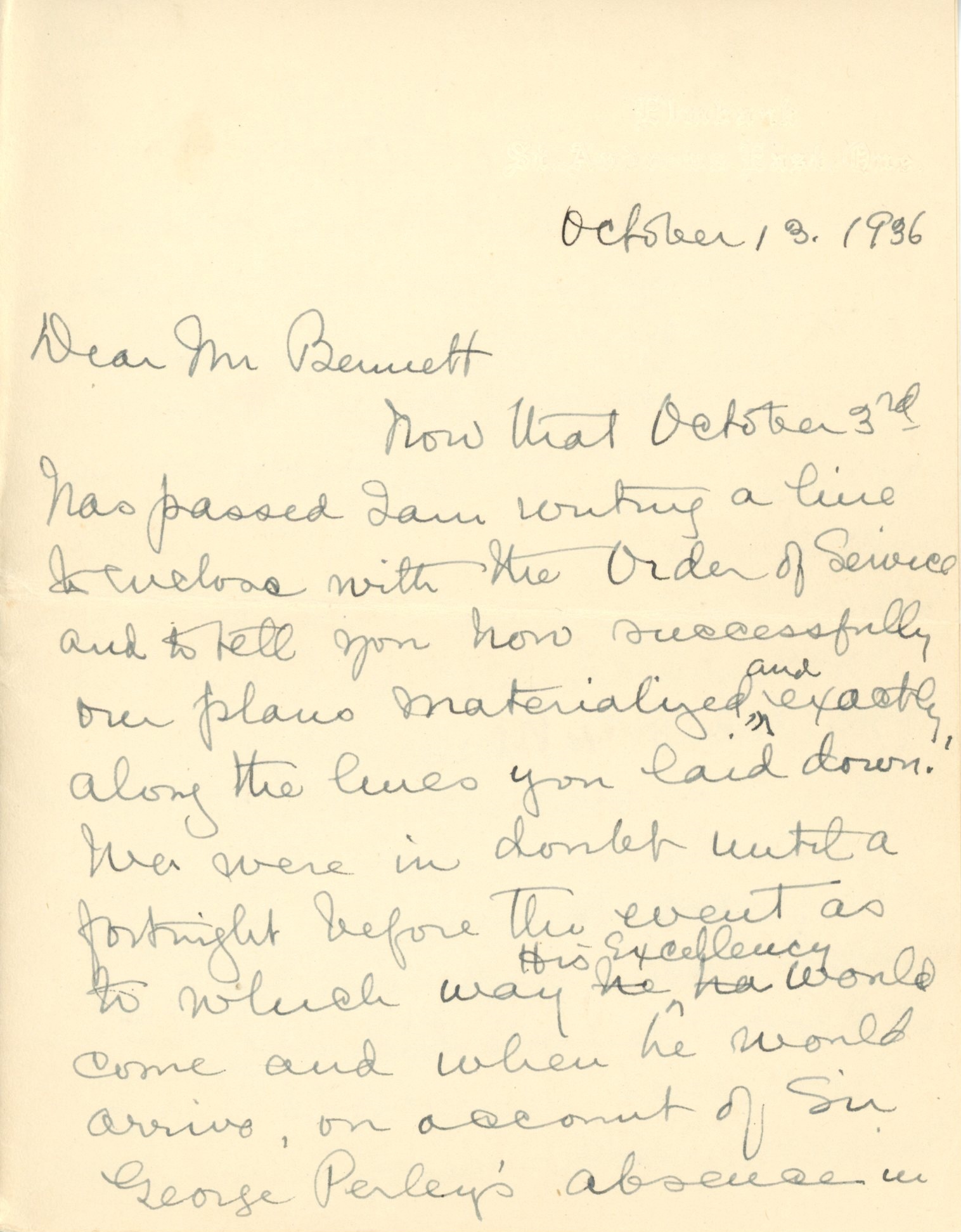 Lettre manuscrite de Maude Abbott à l’ancien Premier ministre R.B. Bennett (Richard Bedford Bennett) datée du 13 octobre 1936, encre noire sur papier sépia. Elle résume la cérémonie commémorative de Sir John Joseph Caldwell Abbott du 3 octobre 1936. Elle dit être heureuse de l’engouement des gens de la région pour un tel évènement et remercie le Premier ministre pour son intérêt et son aide dans la réalisation de cette cérémonie.