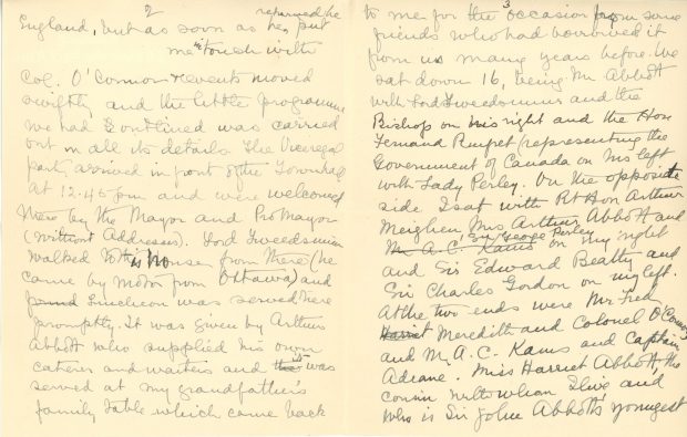 Lettre manuscrite de Maude Abbott à l’ancien Premier ministre R.B. Bennett (Richard Bedford Bennett) datée du 13 octobre 1936, encre noire sur papier sépia. Elle résume la cérémonie commémorative de Sir John Joseph Caldwell Abbott du 3 octobre 1936. Elle dit être heureuse de l’engouement des gens de la région pour un tel évènement et remercie le Premier ministre pour son intérêt et son aide dans la réalisation de cette cérémonie.