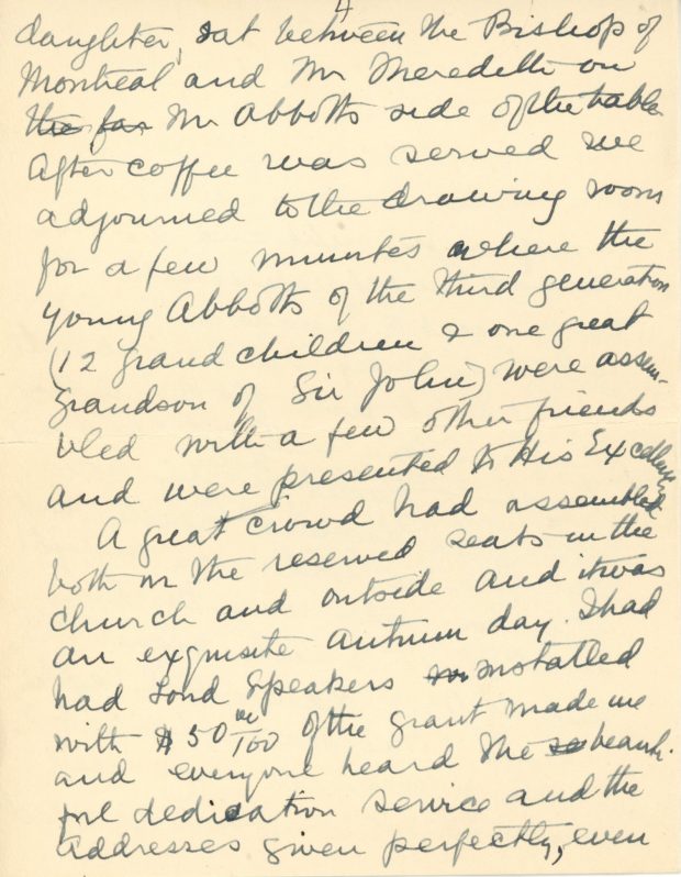 Lettre manuscrite de Maude Abbott à l’ancien Premier ministre R.B. Bennett (Richard Bedford Bennett) datée du 13 octobre 1936, encre noire sur papier sépia. Elle résume la cérémonie commémorative de Sir John Joseph Caldwell Abbott du 3 octobre 1936. Elle dit être heureuse de l’engouement des gens de la région pour un tel évènement et remercie le Premier ministre pour son intérêt et son aide dans la réalisation de cette cérémonie.