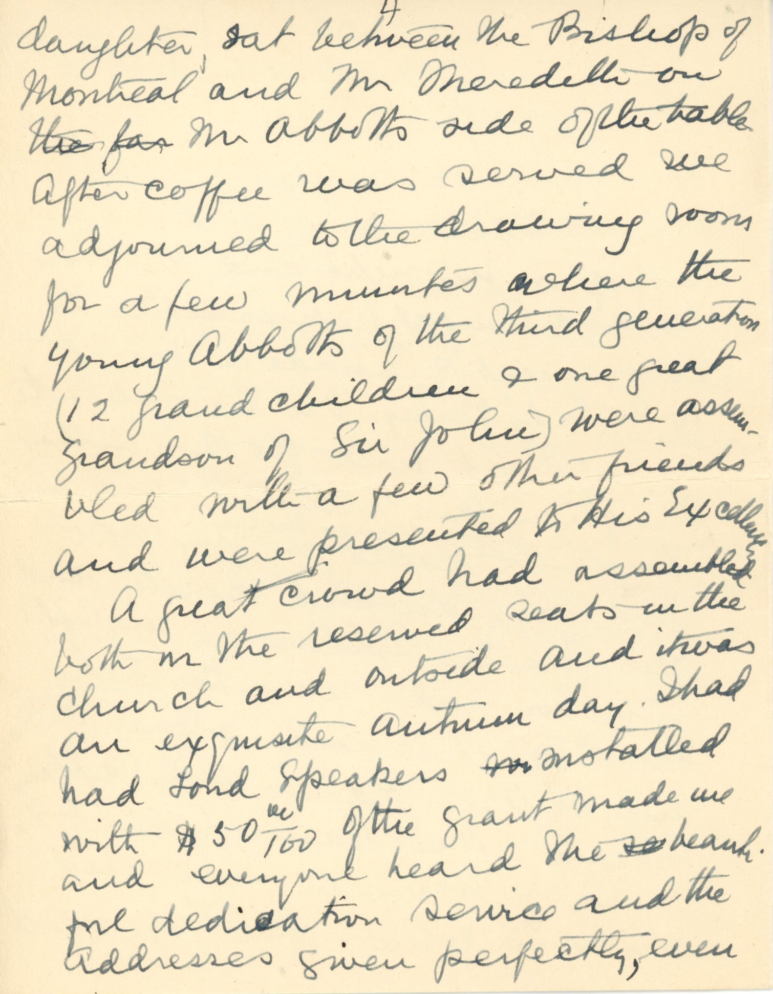 Lettre manuscrite de Maude Abbott à l’ancien Premier ministre R.B. Bennett (Richard Bedford Bennett) datée du 13 octobre 1936, encre noire sur papier sépia. Elle résume la cérémonie commémorative de Sir John Joseph Caldwell Abbott du 3 octobre 1936. Elle dit être heureuse de l’engouement des gens de la région pour un tel évènement et remercie le Premier ministre pour son intérêt et son aide dans la réalisation de cette cérémonie.