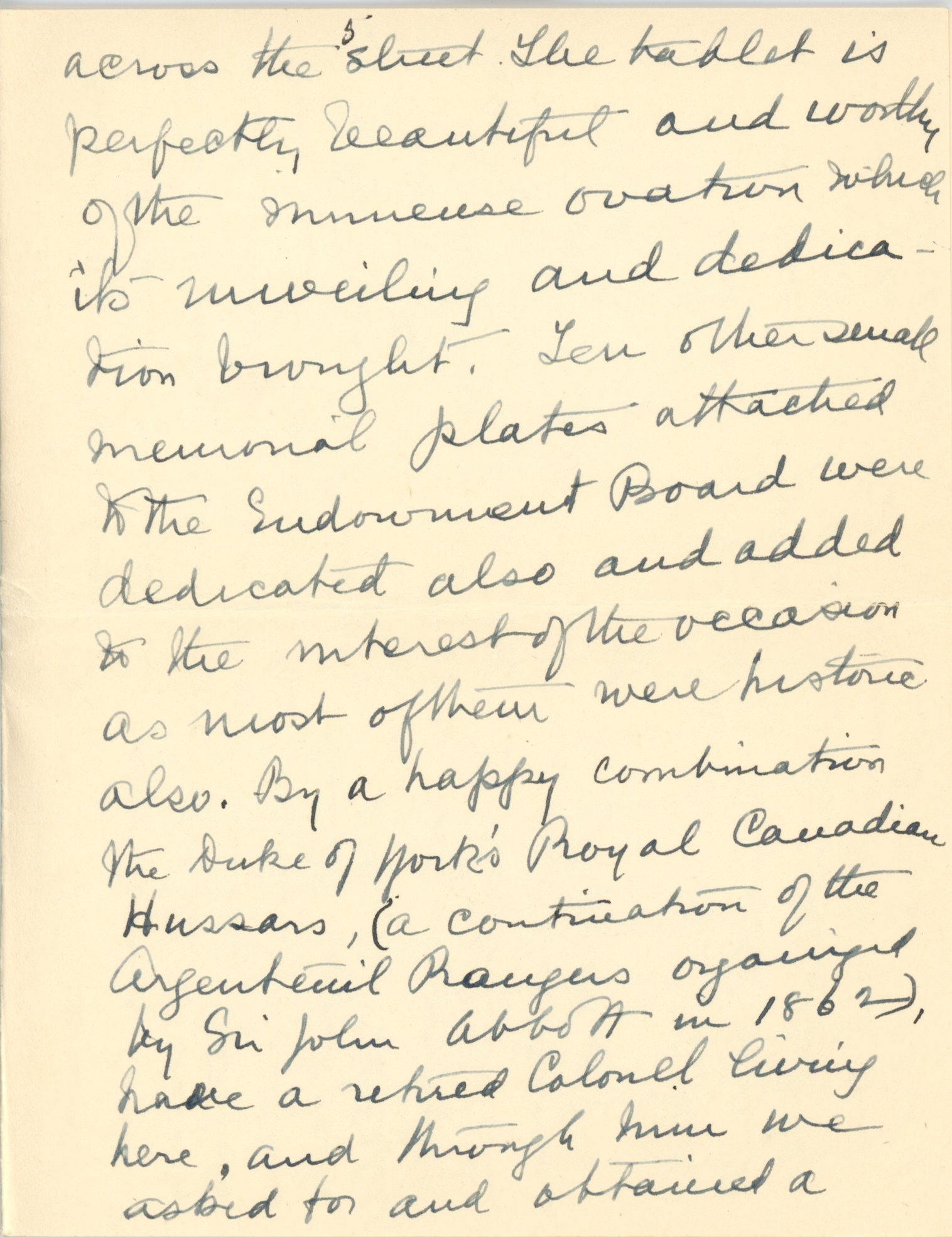 Lettre manuscrite de Maude Abbott à l’ancien Premier ministre R.B. Bennett (Richard Bedford Bennett) datée du 13 octobre 1936, encre noire sur papier sépia. Elle résume la cérémonie commémorative de Sir John Joseph Caldwell Abbott du 3 octobre 1936. Elle dit être heureuse de l’engouement des gens de la région pour un tel évènement et remercie le Premier ministre pour son intérêt et son aide dans la réalisation de cette cérémonie.