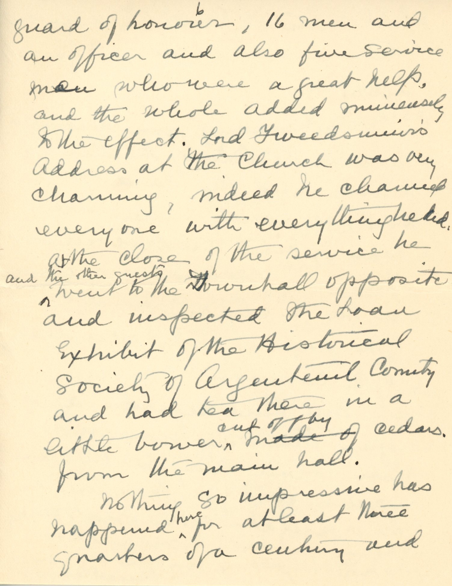 Lettre manuscrite de Maude Abbott à l’ancien Premier ministre R.B. Bennett (Richard Bedford Bennett) datée du 13 octobre 1936, encre noire sur papier sépia. Elle résume la cérémonie commémorative de Sir John Joseph Caldwell Abbott du 3 octobre 1936. Elle dit être heureuse de l’engouement des gens de la région pour un tel évènement et remercie le Premier ministre pour son intérêt et son aide dans la réalisation de cette cérémonie.