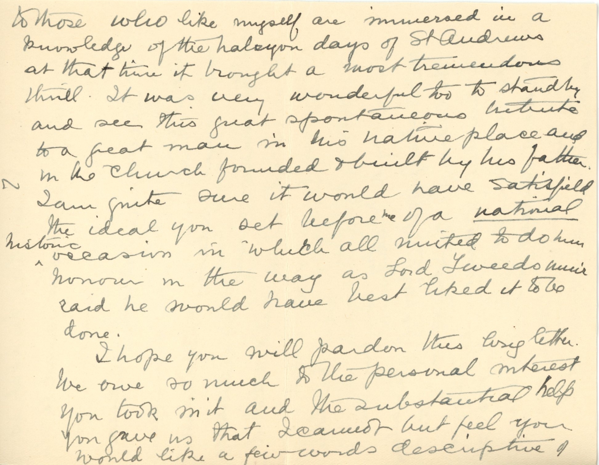 Lettre manuscrite de Maude Abbott à l’ancien Premier ministre R.B. Bennett (Richard Bedford Bennett) datée du 13 octobre 1936, encre noire sur papier sépia. Elle résume la cérémonie commémorative de Sir John Joseph Caldwell Abbott du 3 octobre 1936. Elle dit être heureuse de l’engouement des gens de la région pour un tel évènement et remercie le Premier ministre pour son intérêt et son aide dans la réalisation de cette cérémonie.