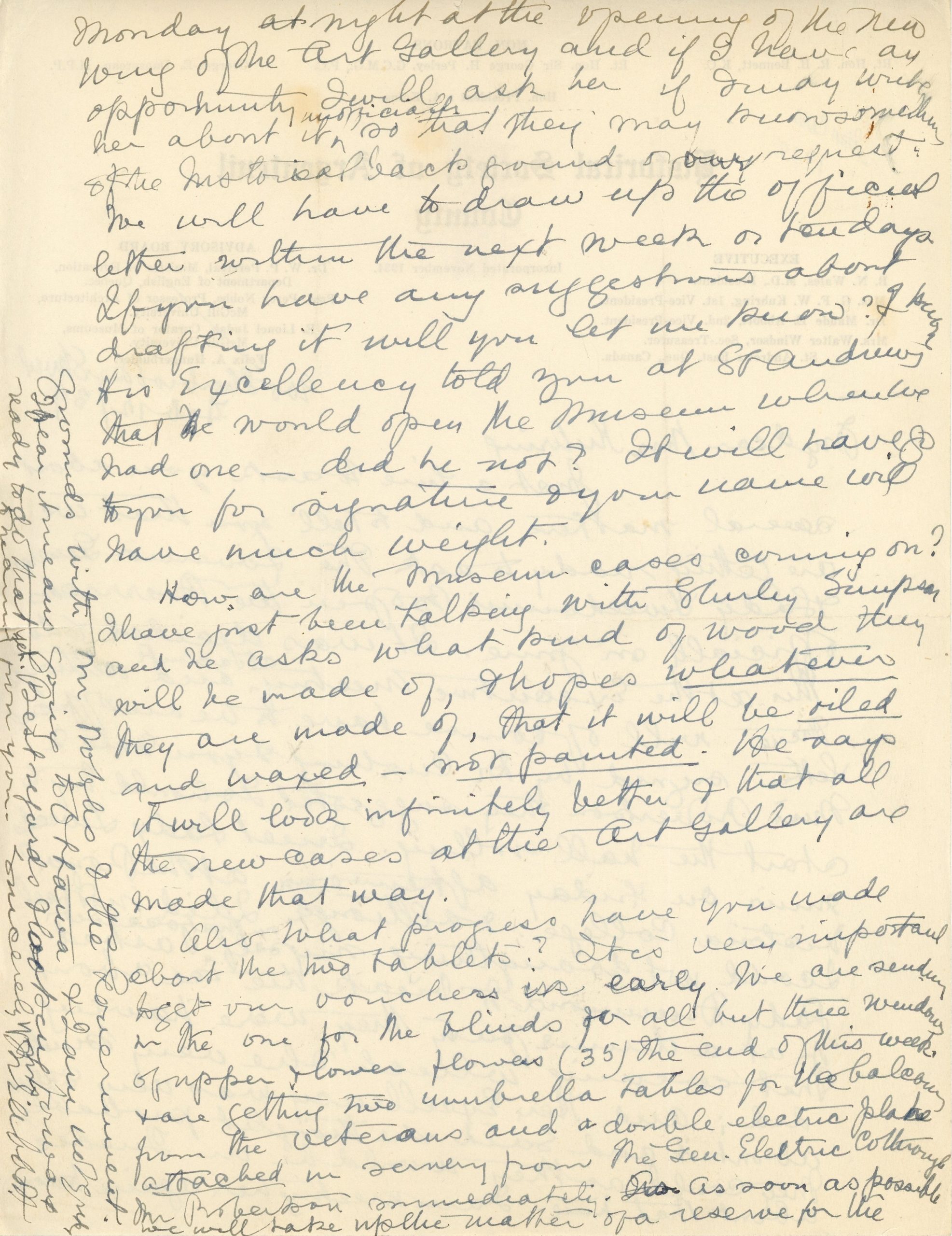 Lettre manuscrite de Maude Abbott à Mrs. Kuhring, 12 février 1939, encre noire et violette sur papier sépia. Elle lui parle des plans de demander au gouverneur général d’ouvrir officiellement la caserne militaire (abritant le musée) et lui demande des nouvelles sur l’avancement des caisses d’artéfacts et des tablettes pour le musée.