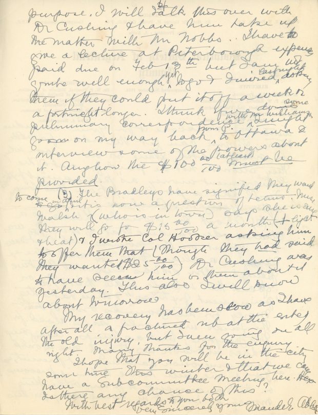 Lettre manuscrite de Maude Abbott è Mrs. Kuhring, 5 février 1939, papier sépia et encre noire et violette. Elle mentionne qu’elle n’était pas assez bien pour le voyage en train et en voiture jusqu’à Lachute, répond et pose des questions en lien avec la dernière lettre de Mrs. Kuhring sur les affaires du Musée, explique que sa convalescence est douloureuse à cause d’une fracture et d’une ancienne blessure.