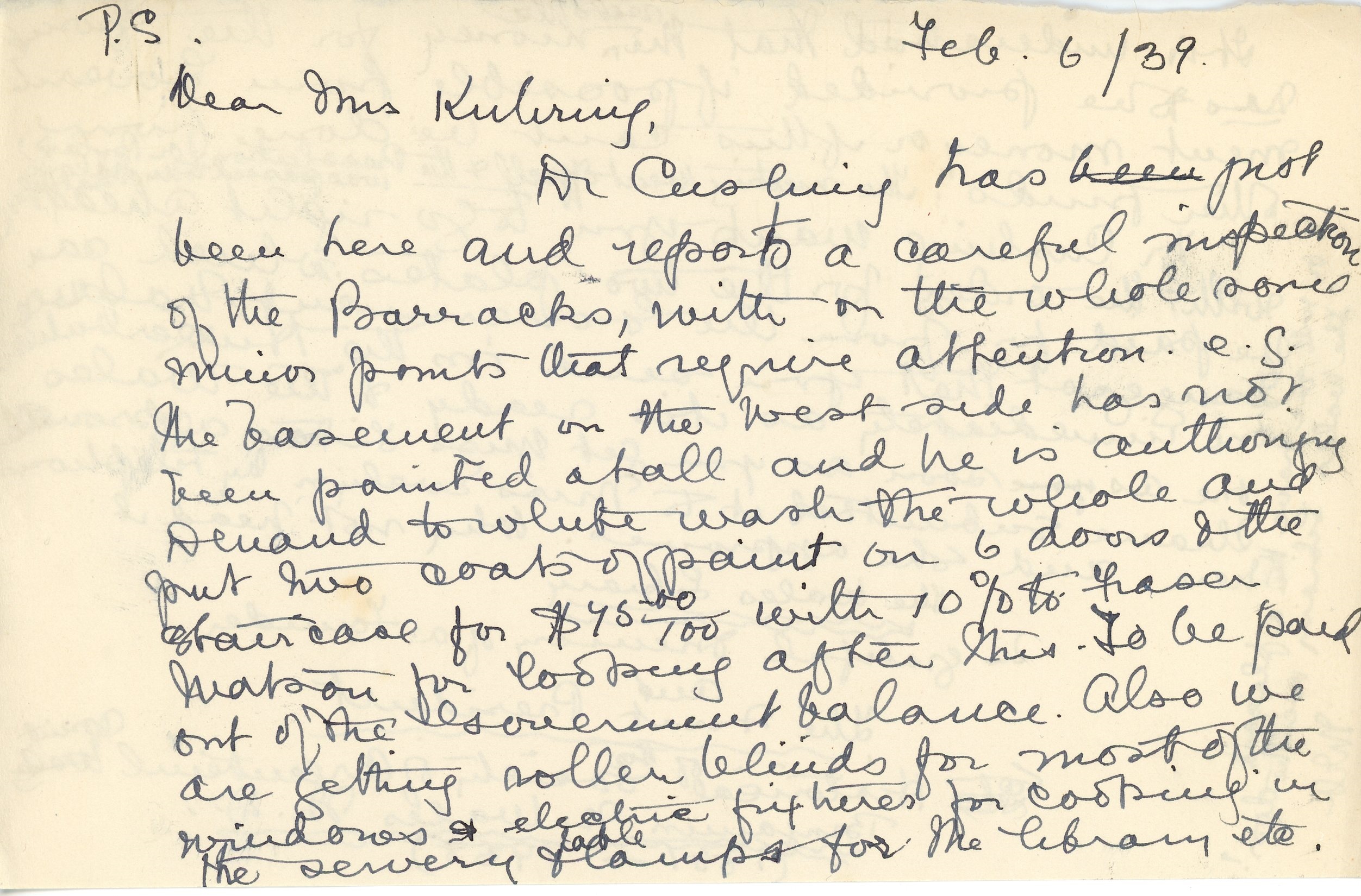 Lettre manuscrite de Maude Abbott è Mrs. Kuhring, 5 février 1939, papier sépia et encre noire et violette. Elle mentionne qu’elle n’était pas assez bien pour le voyage en train et en voiture jusqu’à Lachute, répond et pose des questions en lien avec la dernière lettre de Mrs. Kuhring sur les affaires du Musée, explique que sa convalescence est douloureuse à cause d’une fracture et d’une ancienne blessure.