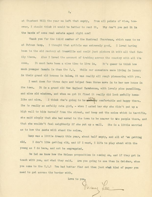 Lettre dactylographiée de Mary Lee à Maude Abbott datée du 18 septembre 1934, 2 pages, encre noire sur papier sépia. Il est question de l’admission d’Alice au McLean, d’Elmbank et des nouvelles de la ville.