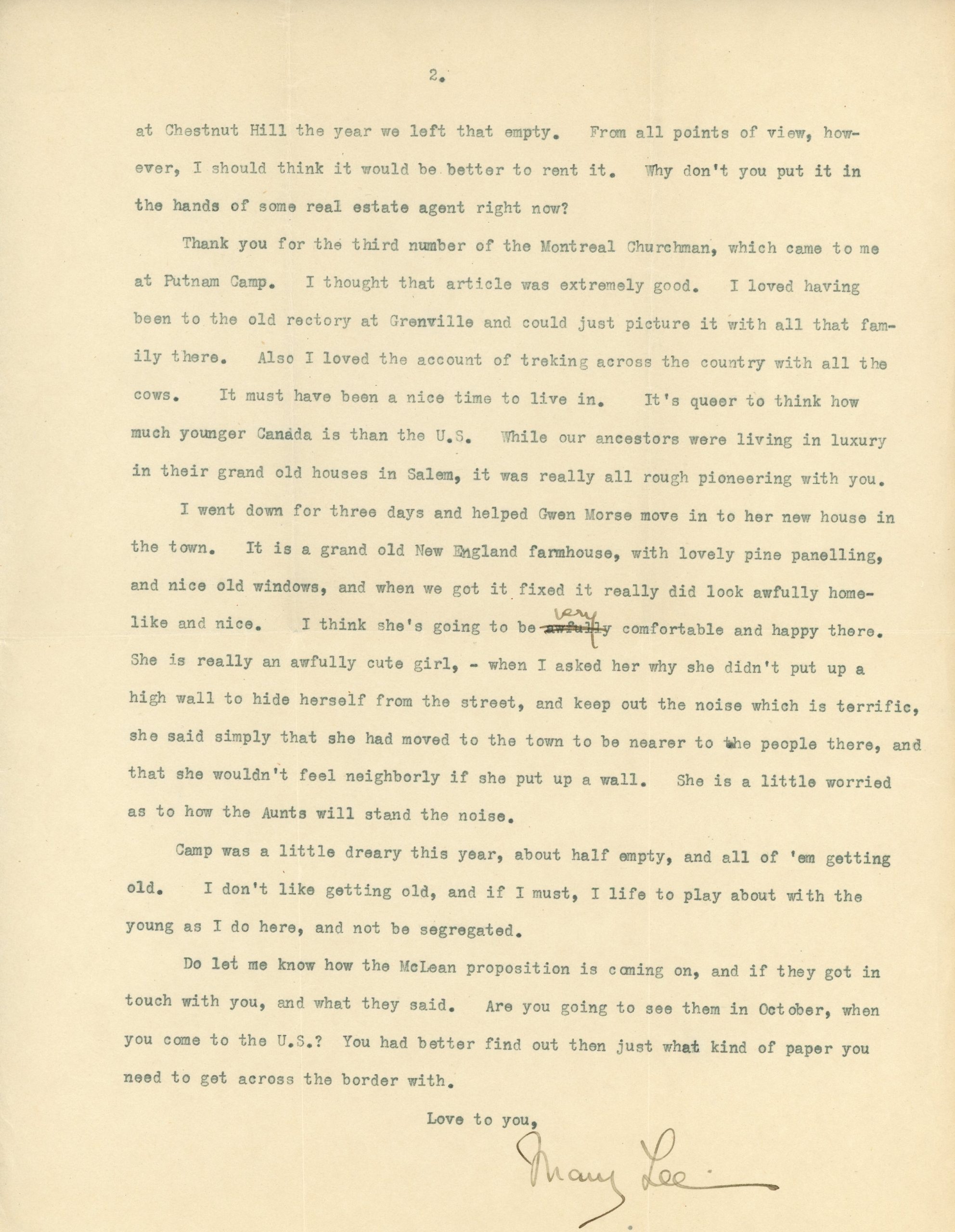 Lettre dactylographiée de Mary Lee à Maude Abbott datée du 18 septembre 1934, 2 pages, encre noire sur papier sépia. Il est question de l’admission d’Alice au McLean, d’Elmbank et des nouvelles de la ville.