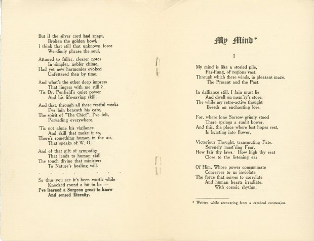 Livret de Noël rédigé par Maude Abbott en décembre 1929, 6 pages, encre noire sur papier sépia. La page couverture porte seulement l’inscription « Christmas » tandis que les pages suivantes contiennent les meilleurs vœux de Noël de Maude Abbott ainsi que deux de ses poèmes, soit « Ab bitam resurgo » et « My Mind ».