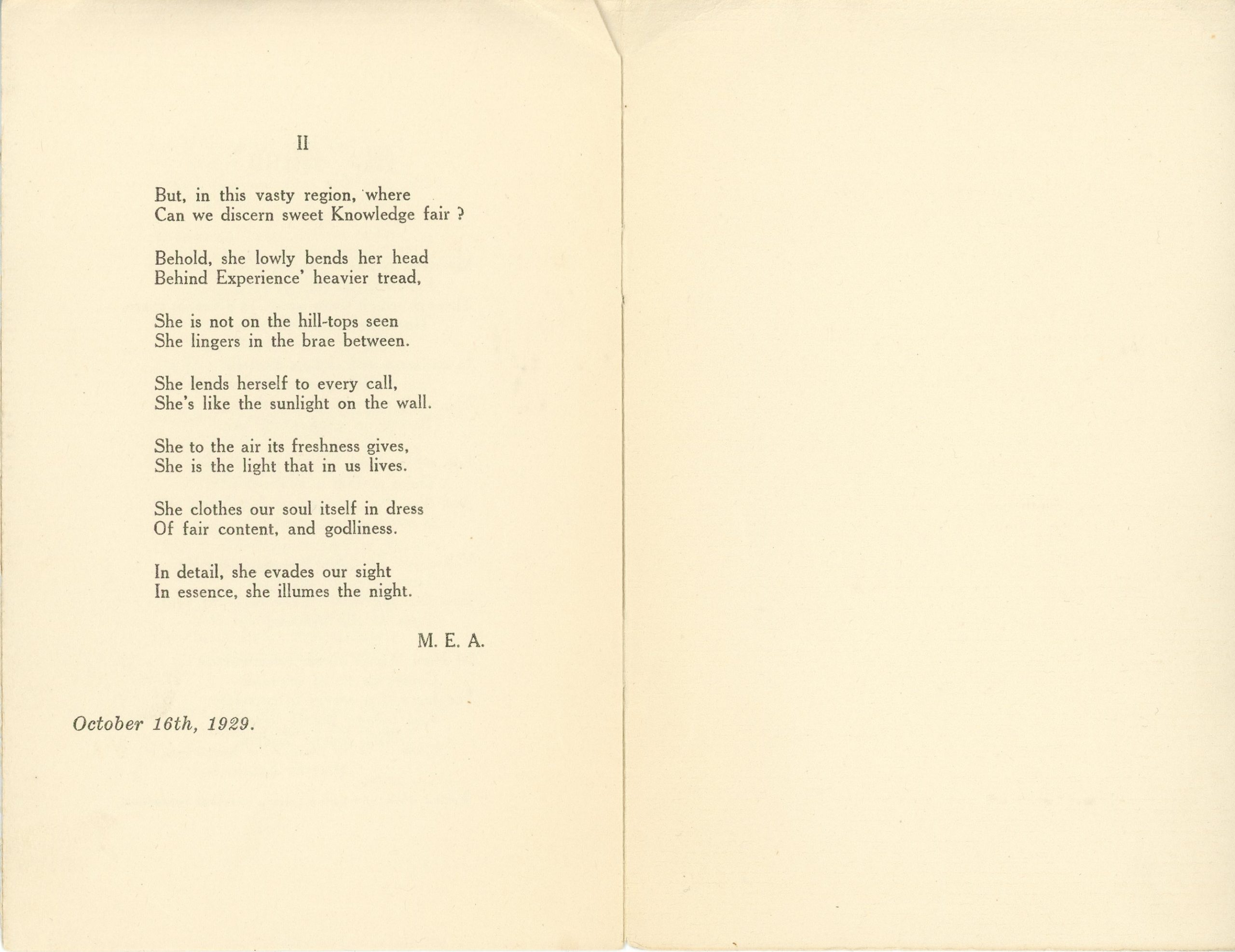 Livret de Noël rédigé par Maude Abbott en décembre 1929, 6 pages, encre noire sur papier sépia. La page couverture porte seulement l’inscription « Christmas » tandis que les pages suivantes contiennent les meilleurs vœux de Noël de Maude Abbott ainsi que deux de ses poèmes, soit « Ab bitam resurgo » et « My Mind ».