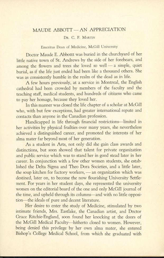 Première page du texte « Maude Abbott – An Appreciation » du Dr. C.F. Martin, doyen émérite de médecine de l’Université McGill, encre noire sur papier sépia. Il décrit son lieu de sépulture, son service funéraire, puis commence à décrire son parcours scolaire.