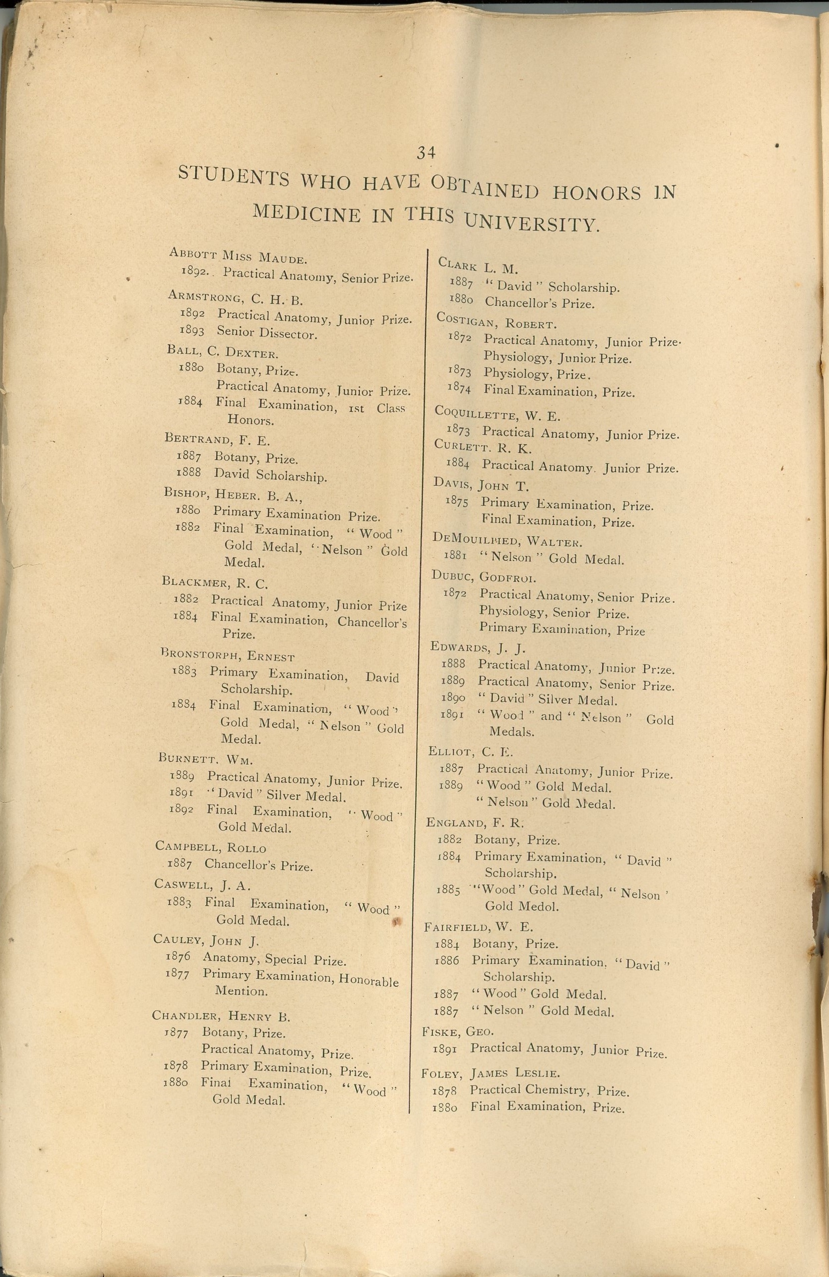 Page 34 du livret de l’Université Bishop, sépia. Il s’agit d’une liste d’élèves ayant obtenu une mention d’excellence en médecine à cette université. En haut de la page on peut lire : « Students who have obtained Honors in Medicine in this University », la liste des élèves est sur deux colonnes, le premier nom est « ABBOTT, Miss Maude – 1892. Practical Anatomy, Senior Prize. »